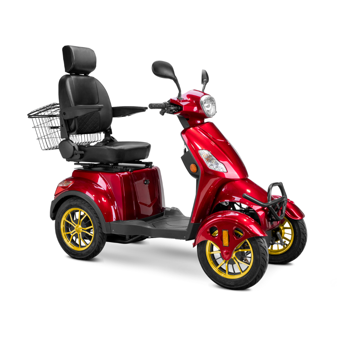 The Bespoke Prestige Recreational 4-Wheel Scooter features a red design, 600-watt motor, cushioned adjustable seat with armrests and headrest, rear wire basket, and yellow-accented rims.